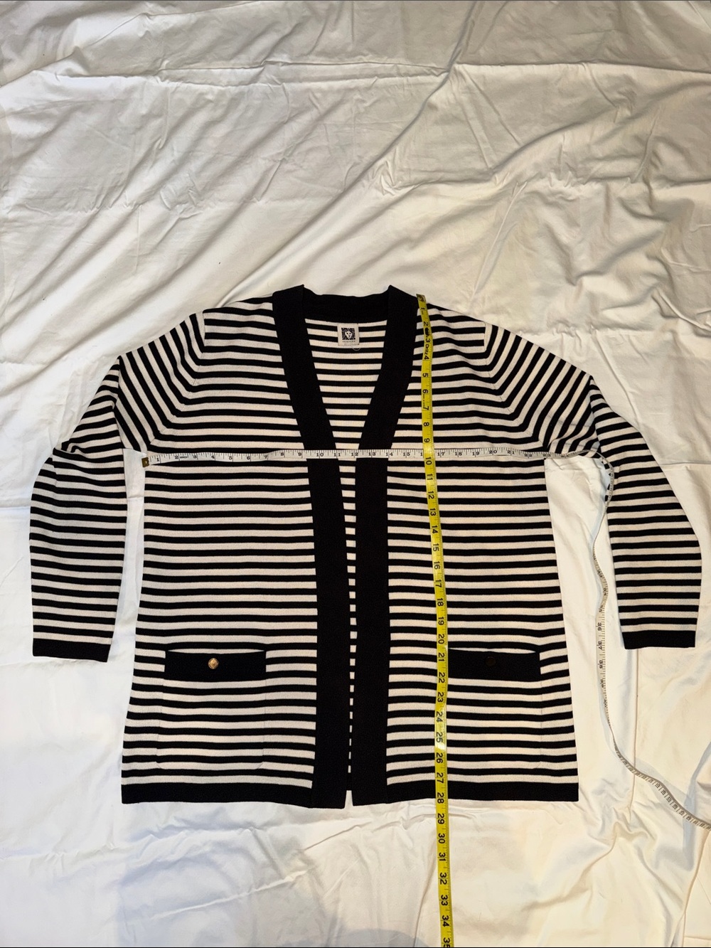 Anne Klein Black and Soft White Striped Knit Cardigan